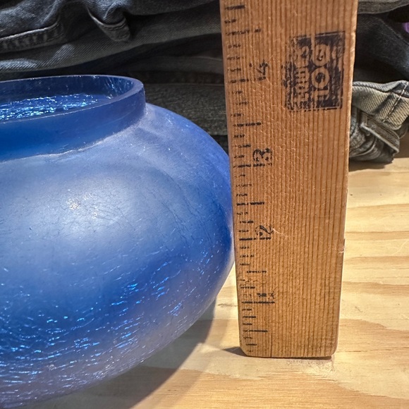 Cobalt Blue Crackle Art Glass Rose Bowl Vase Satin Frosted Round Bud Candle - Picture 10 of 11